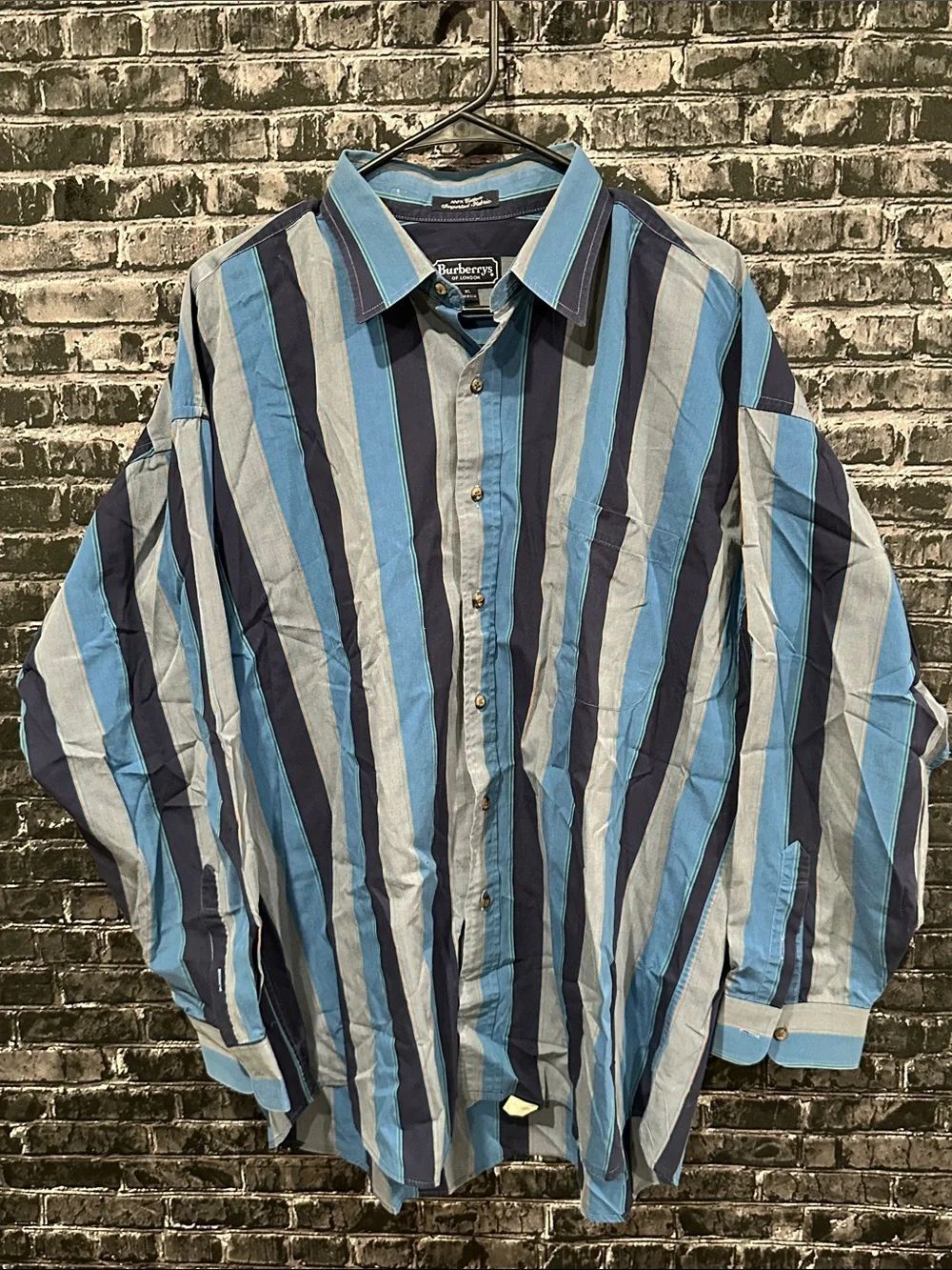 Burberry Blue and Navy Vertical Stripe Button-Down Shirt